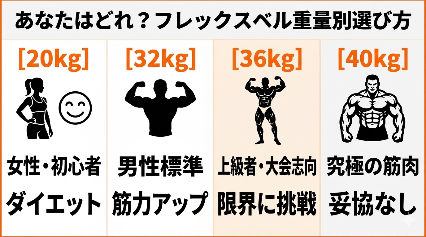 フレックスベルの20kg、32kg、36kg、40kgそれぞれおすすめな人