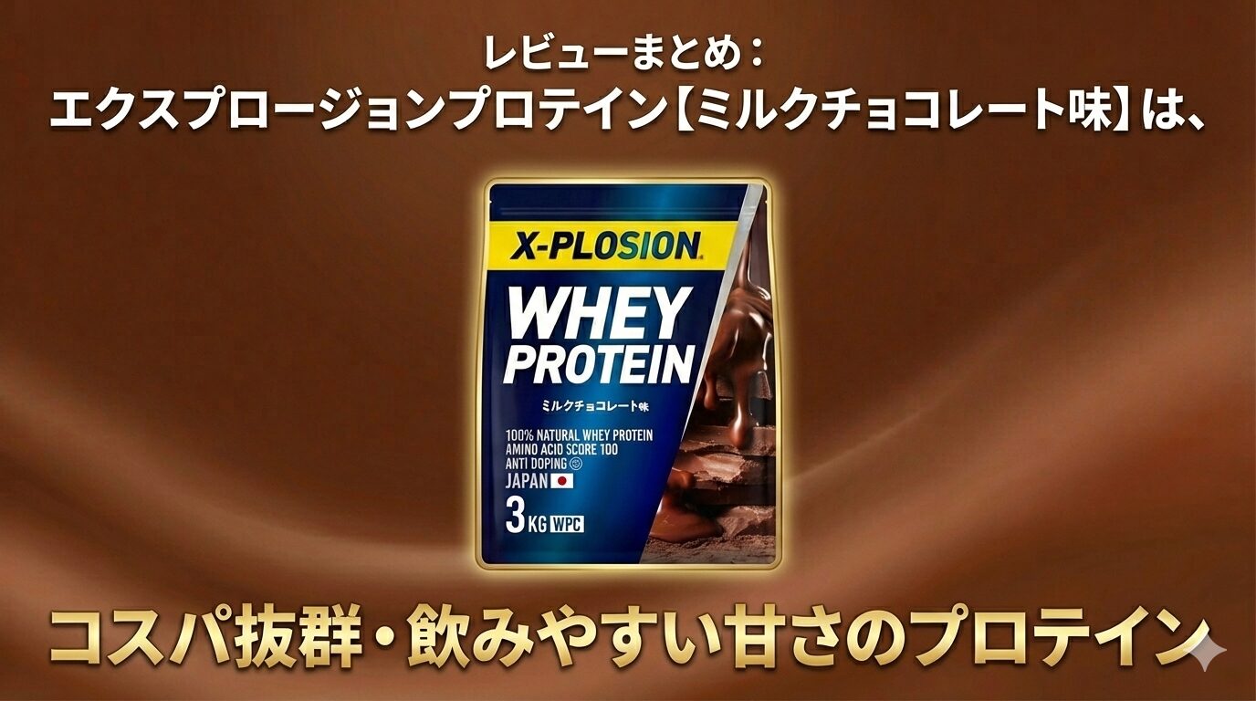 レビューまとめ：エクスプロージョンプロテイン【ミルクチョコレート味】は、コスパ抜群・飲みやすい甘さのプロテイン