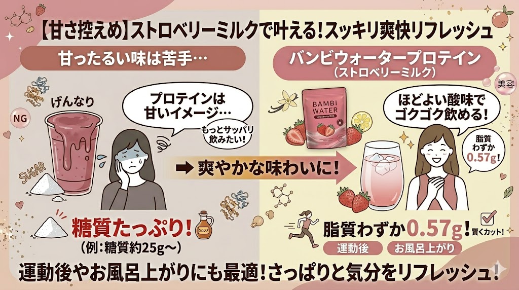ストロベリーミルク:スッキリとしたフルーティーな甘さでリフレッシュしたい人向け