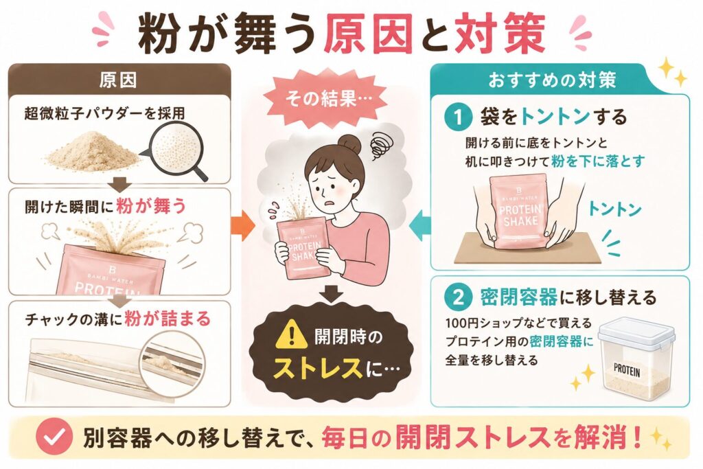 チャックが閉まりにくく開封時に粉が舞い散る