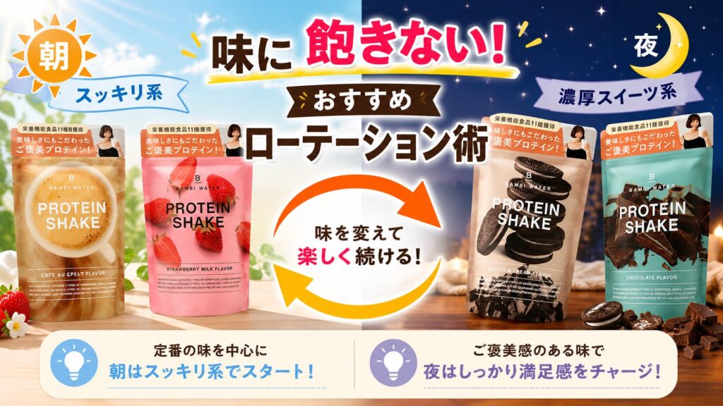 味の飽きへの対策!バンビウォータープロテインのおすすめローテーション術